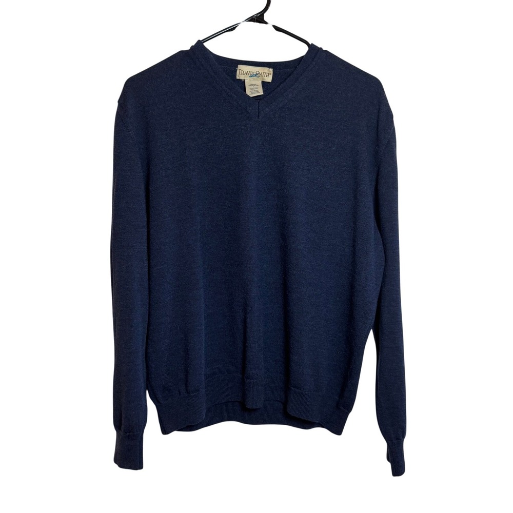 Travelsmith Mens L Navy Blue V Neck 100% Merino Wool Fine Sweater Made in Italy